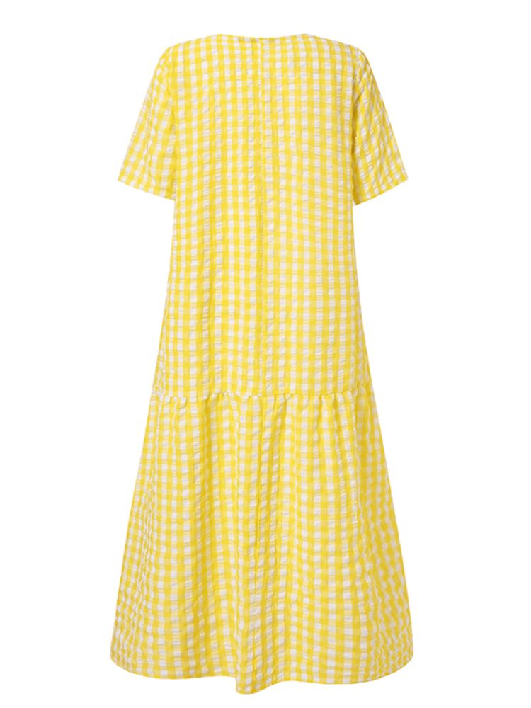 Casual Plaid O-neck Pół Rękaw Bohemia Holiday Plain Maxi Dress