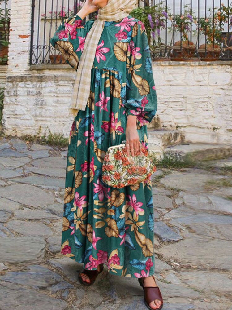 Damska Sukienka Abaya Kaftan Z Bufiastymi Rękawami W Kwiaty W Stylu Boho