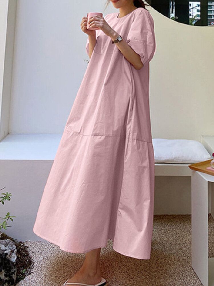 Jednolity Kolor O-neck Z Bufiastymi Rękawami Zwykły Casual Side Pocket Holiday Maxi Dress