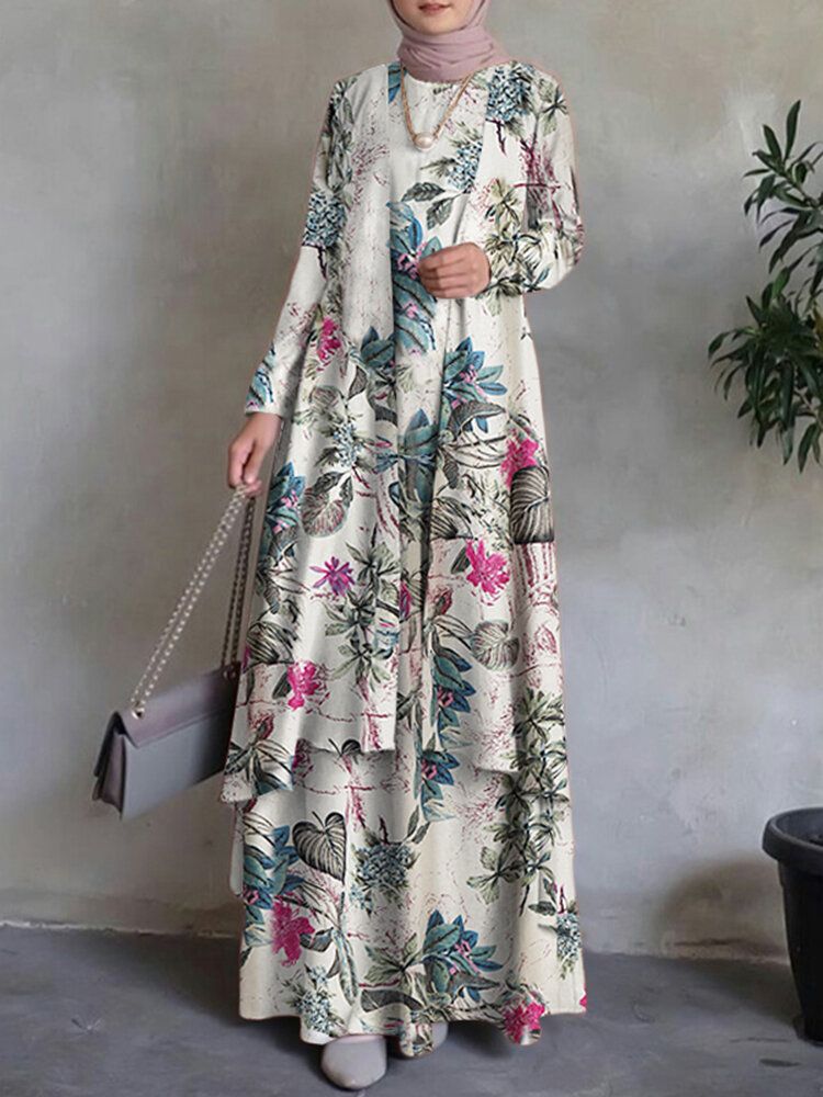 Kobiety 100% Bawełna Abaya Kaftan CZeski Dwuwarstwowy Wzór Kwiatowy Wypoczynek Maxi Dress