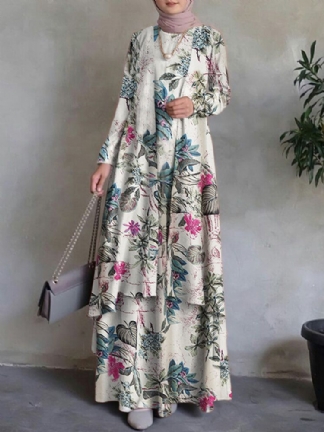 Kobiety 100% Bawełna Abaya Kaftan CZeski Dwuwarstwowy Wzór Kwiatowy Wypoczynek Maxi Dress