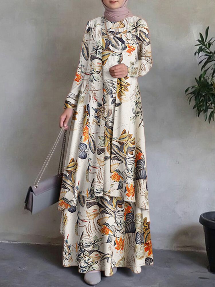 Kobiety 100% Bawełna Abaya Kaftan CZeski Dwuwarstwowy Wzór Kwiatowy Wypoczynek Maxi Dress