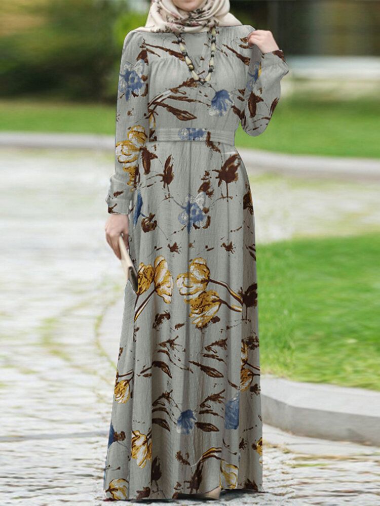 Kobiety Abaya Kaftan Z Bufiastymi Rękawami Warstwowa Sukienka W Stylu Retro Rozrywka W Kwiaty Do Kostek