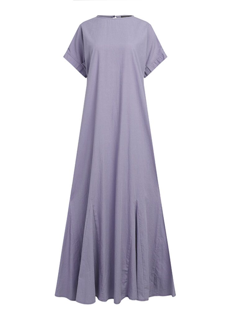 Kobiety Bawełna O-neck Boczny Guzik Kieszeni Krótki Rękaw Zwykły Jednolity Casual Maxi Dress