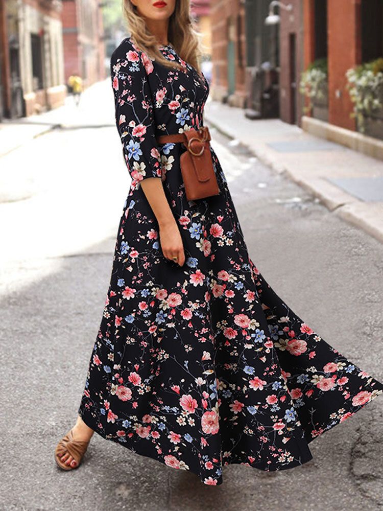 Kobiety Bohemia Floral Print O-neck Casual Pół Rękawa Wakacje Maxi Sukienki