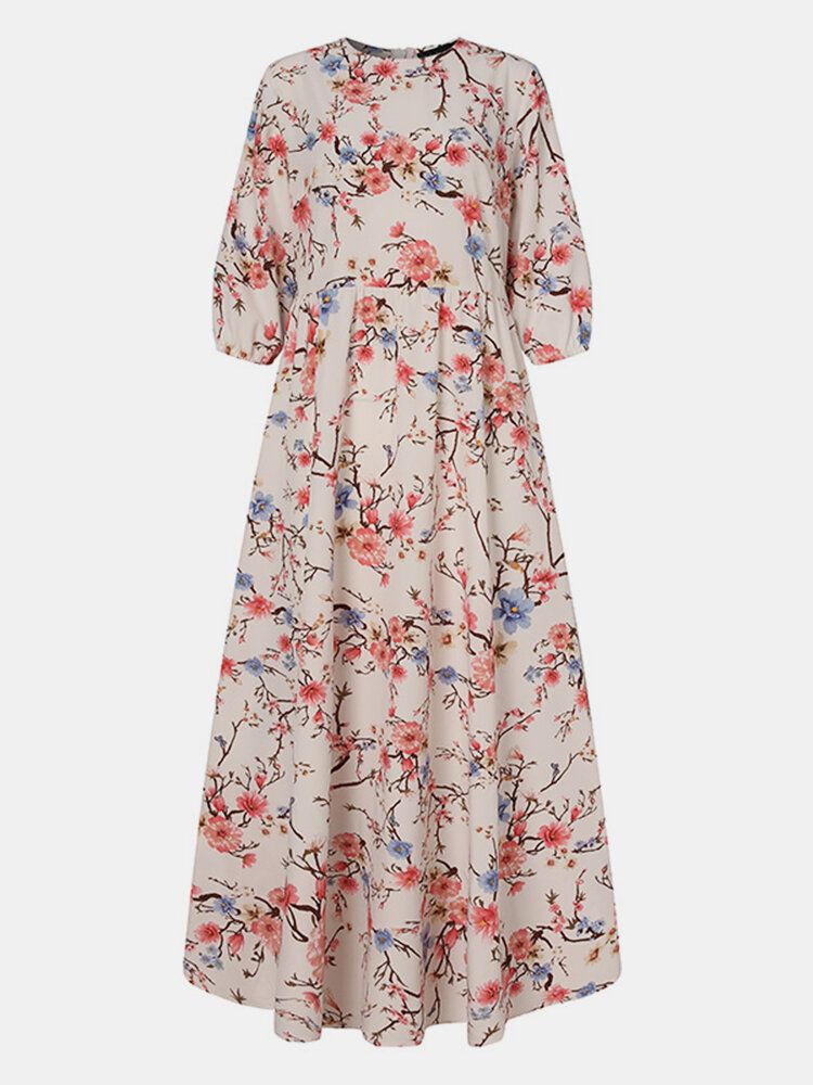 Kobiety Bohemia Floral Print O-neck Casual Pół Rękawa Wakacje Maxi Sukienki