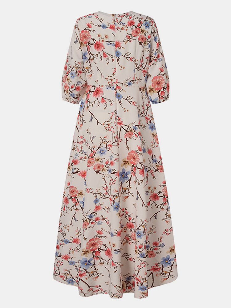 Kobiety Bohemia Floral Print O-neck Casual Pół Rękawa Wakacje Maxi Sukienki