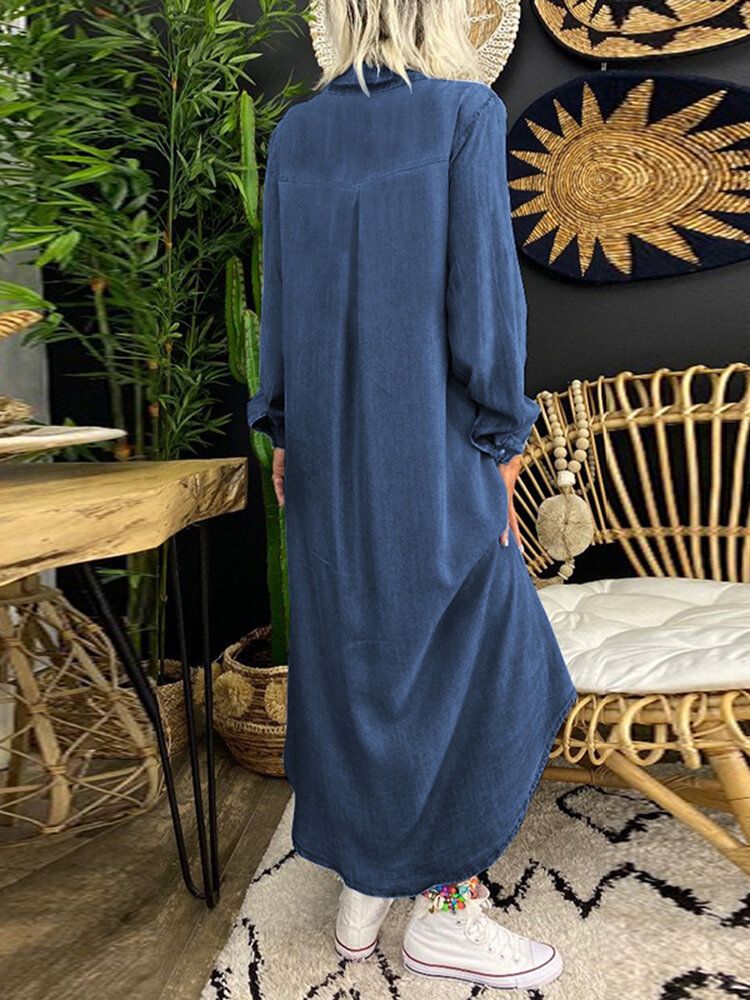 Kobiety Casual Lapel Button Długi Rękaw High Low Hem Holiday Maxi Dress