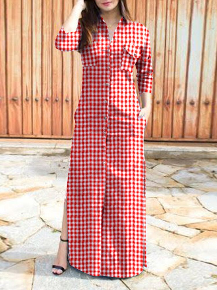 Kobiety Casual Plaid Widelec Kieszeń Z Długim Rękawem Rozrywka Codzienna Sukienka Maxi