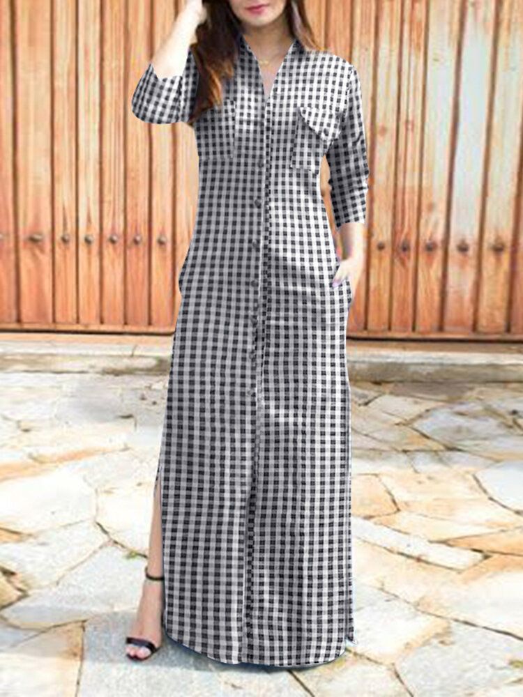 Kobiety Casual Plaid Widelec Kieszeń Z Długim Rękawem Rozrywka Codzienna Sukienka Maxi