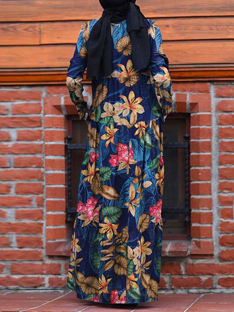 Kobiety Casual Robe Kaftan Floral Luźna Sukienka Z Długim Rękawem Z Bocznymi Kieszeniami