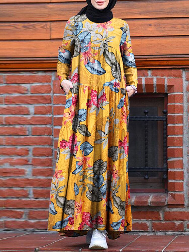 Kobiety Casual Robe Kaftan Floral Luźna Sukienka Z Długim Rękawem Z Bocznymi Kieszeniami