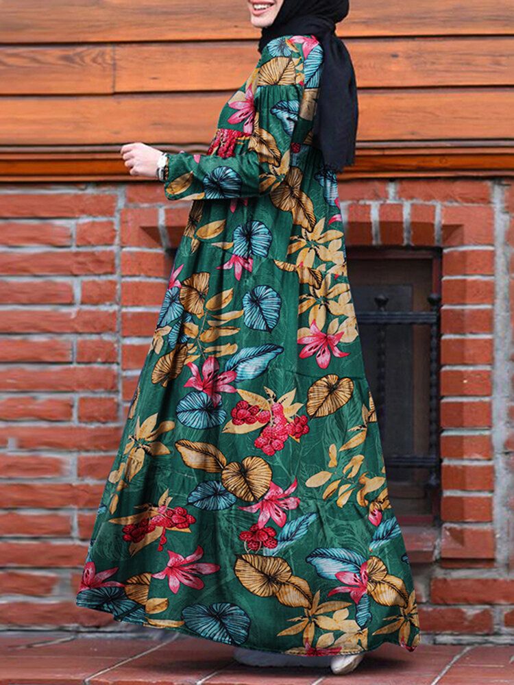 Kobiety Casual Robe Kaftan Floral Luźna Sukienka Z Długim Rękawem Z Bocznymi Kieszeniami