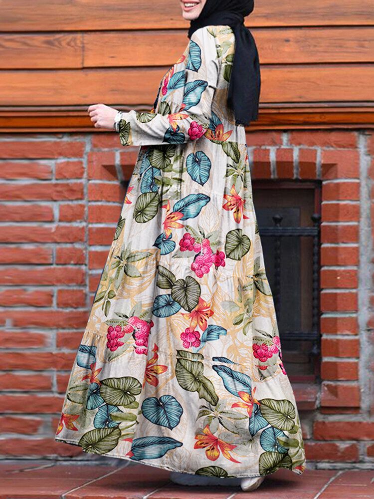 Kobiety Casual Robe Kaftan Floral Luźna Sukienka Z Długim Rękawem Z Bocznymi Kieszeniami