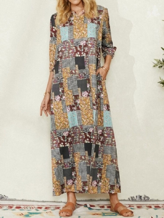 Kobiety Colorblock Floral Plaid Print Vintage Maxi Sukienka Z Kieszenią