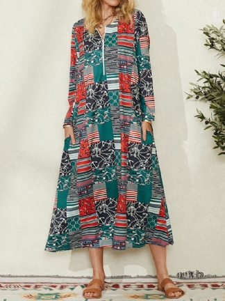 Kobiety Colorblock Geometryczny Print Boczna Kieszeń Vintage Maxi Dress