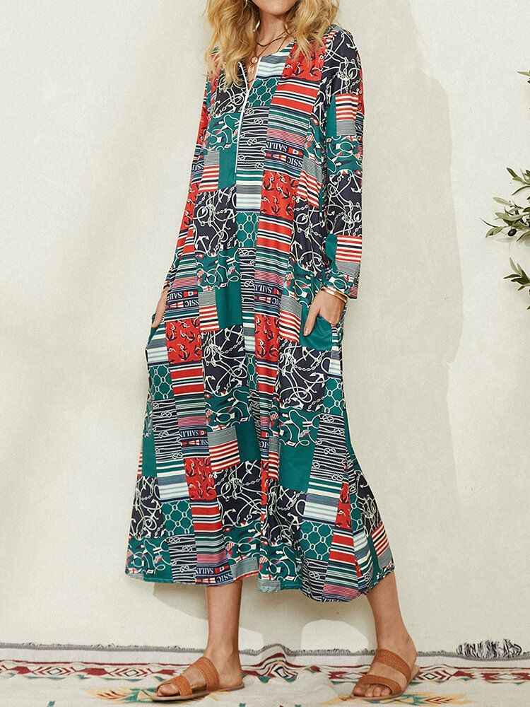 Kobiety Colorblock Geometryczny Print Boczna Kieszeń Vintage Maxi Dress