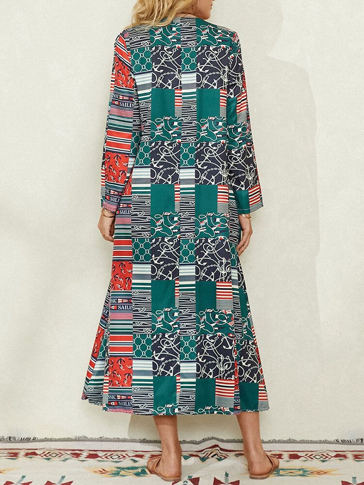 Kobiety Colorblock Geometryczny Print Boczna Kieszeń Vintage Maxi Dress