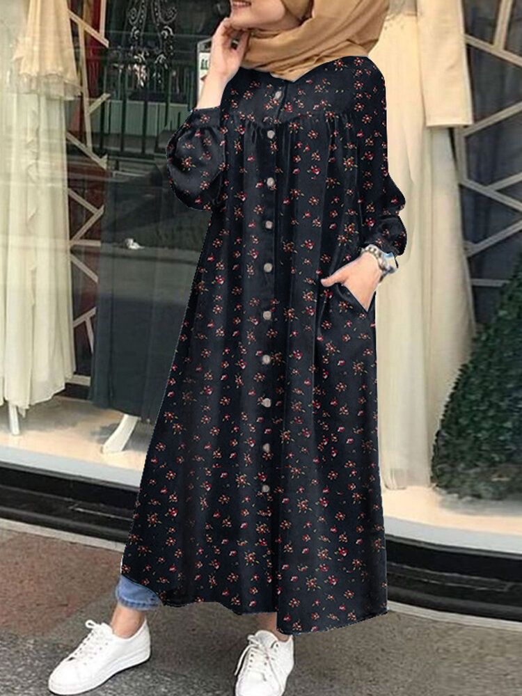 Kobiety Floral Print Button Dół Z Przodu Z Długim Rękawem Plisowana Sukienka Maxi Z Kieszeniami