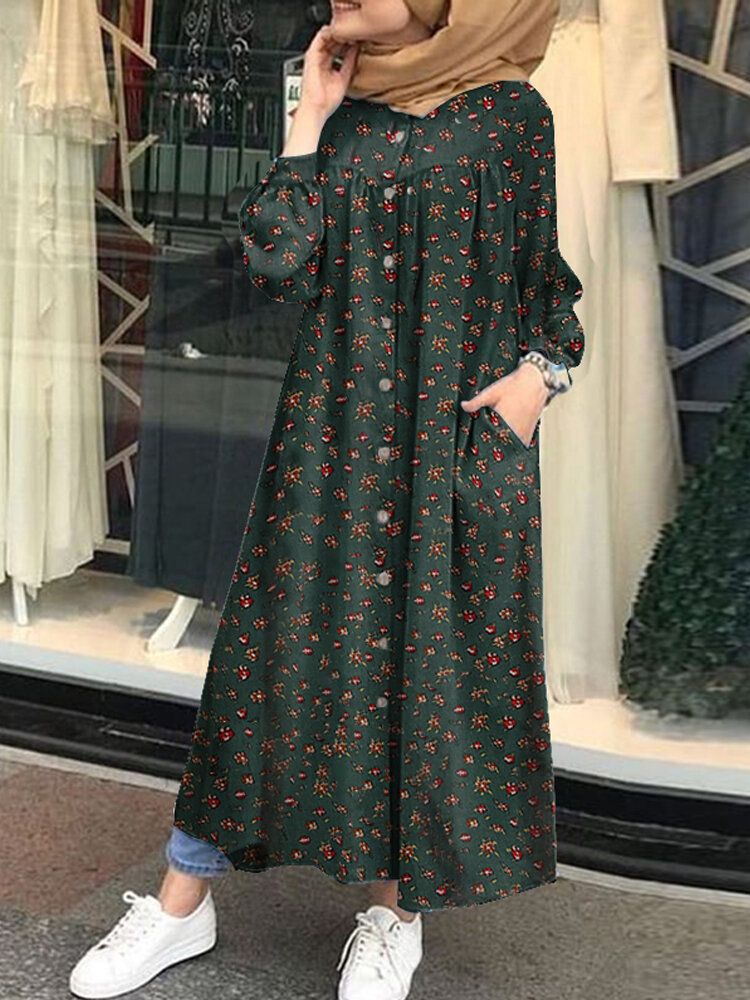 Kobiety Floral Print Button Dół Z Przodu Z Długim Rękawem Plisowana Sukienka Maxi Z Kieszeniami