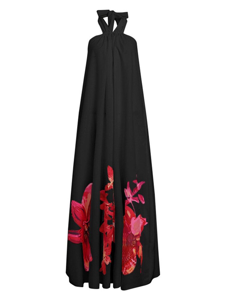 Kobiety Holiday Floral Print Wisząca Szyja Luźna Stylowa Sukienka Halter Maxi