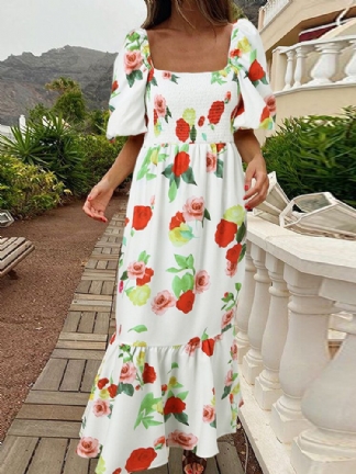 Kobiety Holiday Square Neck Bufiaste Rękawy Slim Fit Fishtail Swing Floral Print Maxi Dress