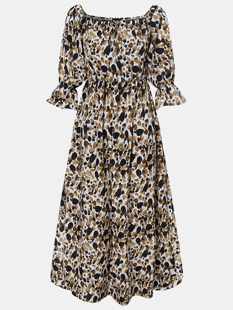 Kobiety Leopard Off Shoulder Udo Split Casual Sukienki Maxi Z Długim Rękawem