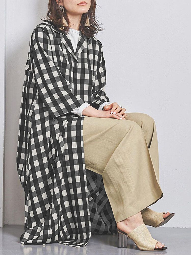 Kobiety Plaid Print Lapel Z Długim Rękawem Casual Maxi Koszule Sukienki Z Kieszenią