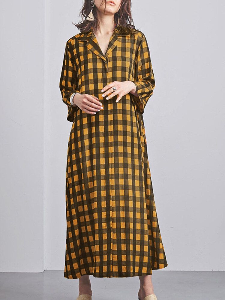 Kobiety Plaid Print Lapel Z Długim Rękawem Casual Maxi Koszule Sukienki Z Kieszenią