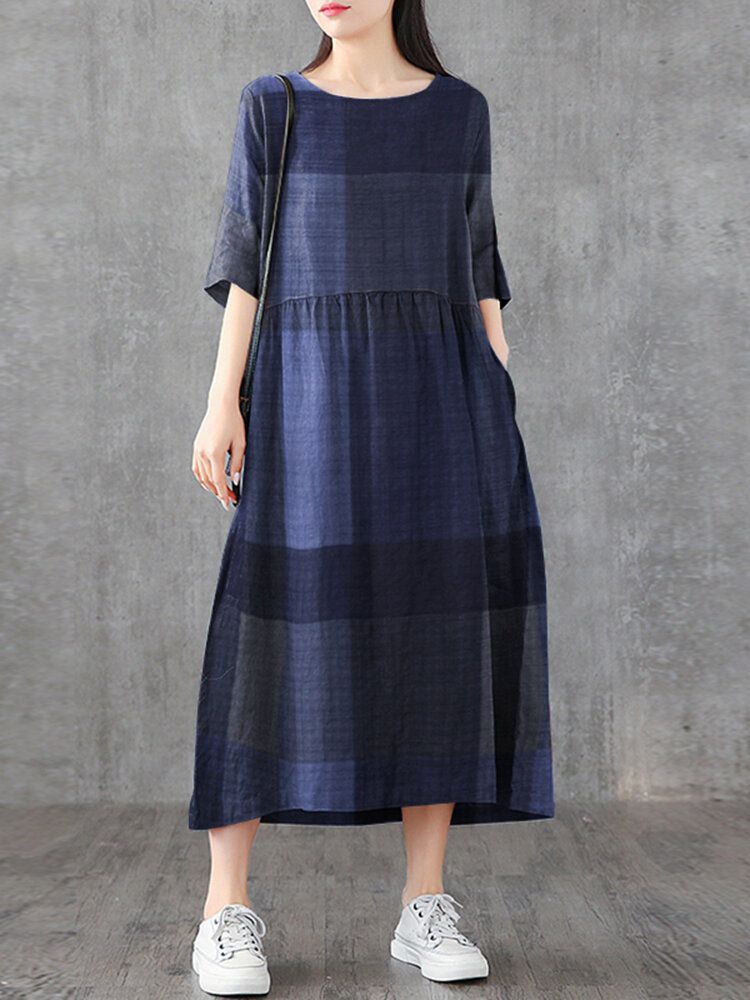 Kobiety Plaid Print Okrągły Dekolt Pół Rękawa Casual Maxi Sukienki Z Kieszenią