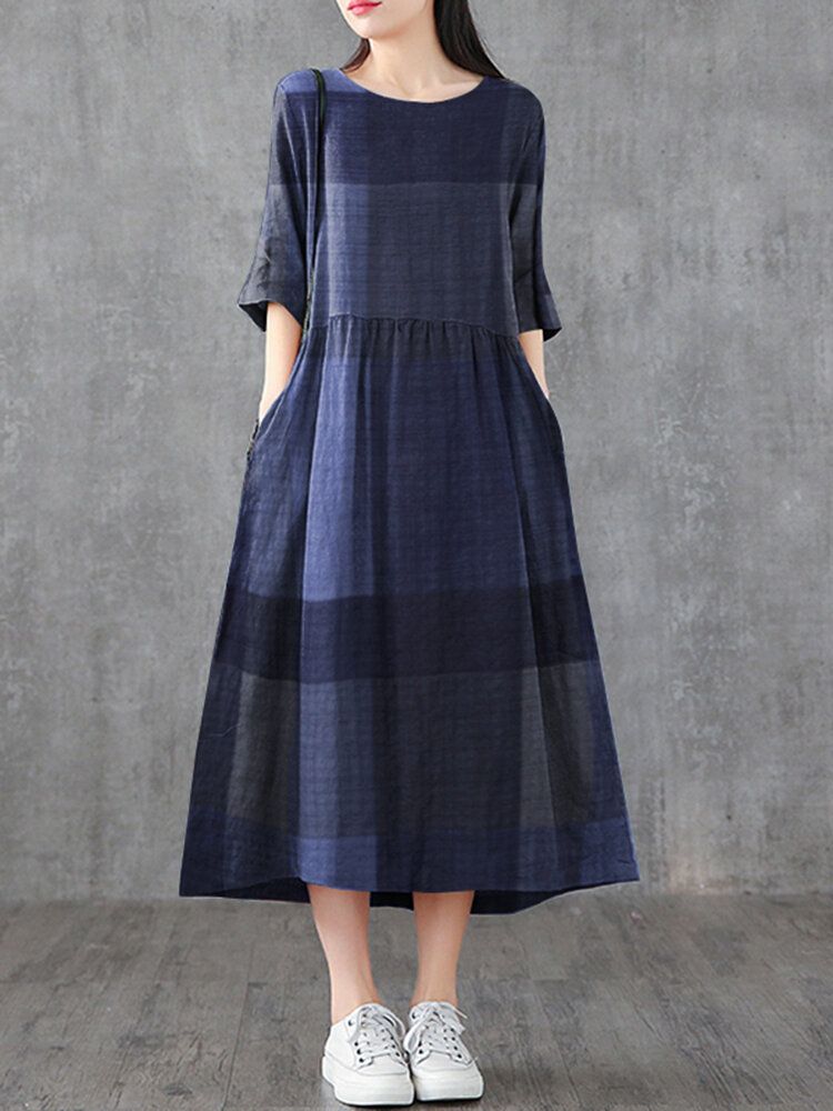 Kobiety Plaid Print Okrągły Dekolt Pół Rękawa Casual Maxi Sukienki Z Kieszenią