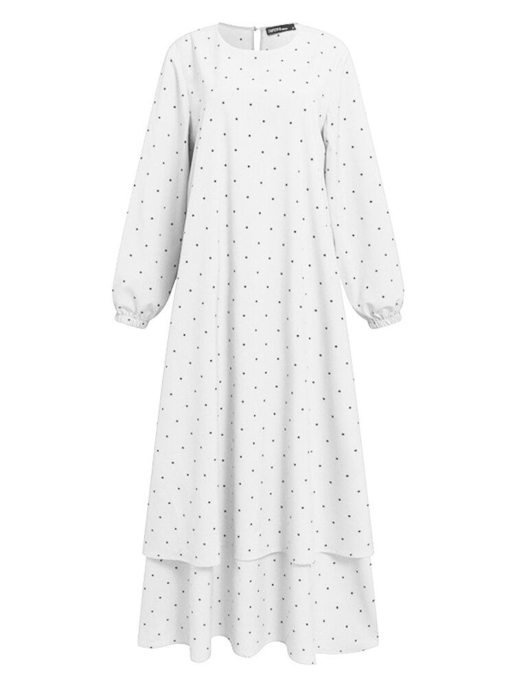 Kobiety Polka Dot Kaftan Tunika Elasyic Mankiety Długość Podłogi Pełne Rękawy O-neck Midi Sukienki