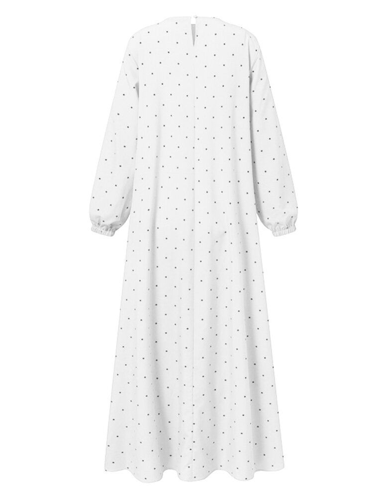 Kobiety Polka Dot Kaftan Tunika Elasyic Mankiety Długość Podłogi Pełne Rękawy O-neck Midi Sukienki