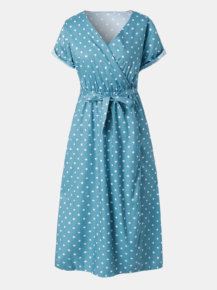 Kobiety Śliczne Polka Dot V-neck Wrap Casual Krótki Rękaw Sukienki Maxi Z Paskiem