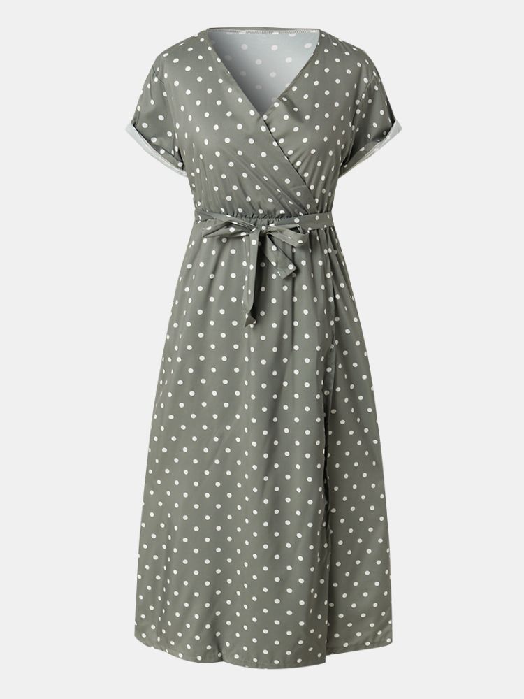 Kobiety Śliczne Polka Dot V-neck Wrap Casual Krótki Rękaw Sukienki Maxi Z Paskiem