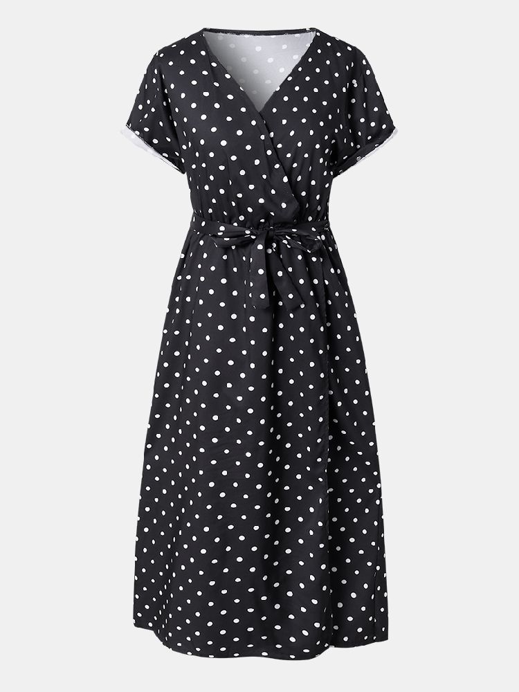 Kobiety Śliczne Polka Dot V-neck Wrap Casual Krótki Rękaw Sukienki Maxi Z Paskiem