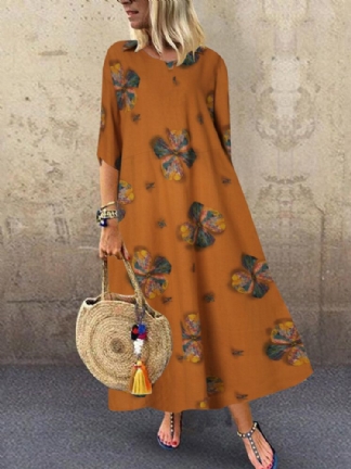 Kobiety W Kwiatowy Wzór Z Okrągłym Dekoltem 3/4 Rękawy W Stylu Boho W Stylu Vintage Sukienki Maxi