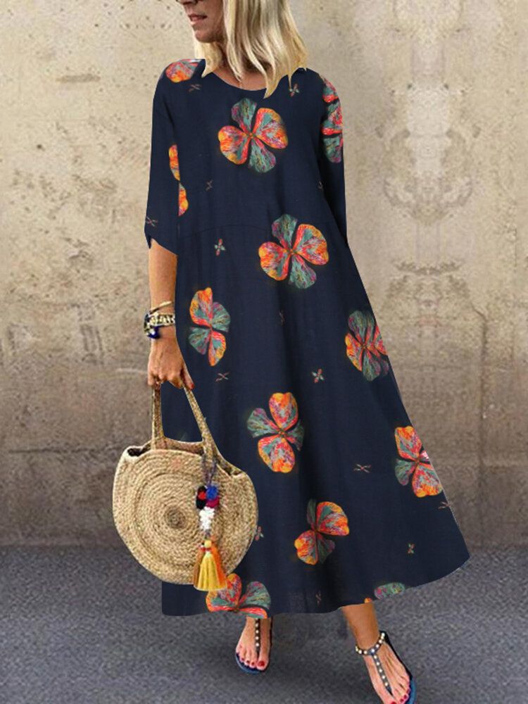 Kobiety W Kwiatowy Wzór Z Okrągłym Dekoltem 3/4 Rękawy W Stylu Boho W Stylu Vintage Sukienki Maxi