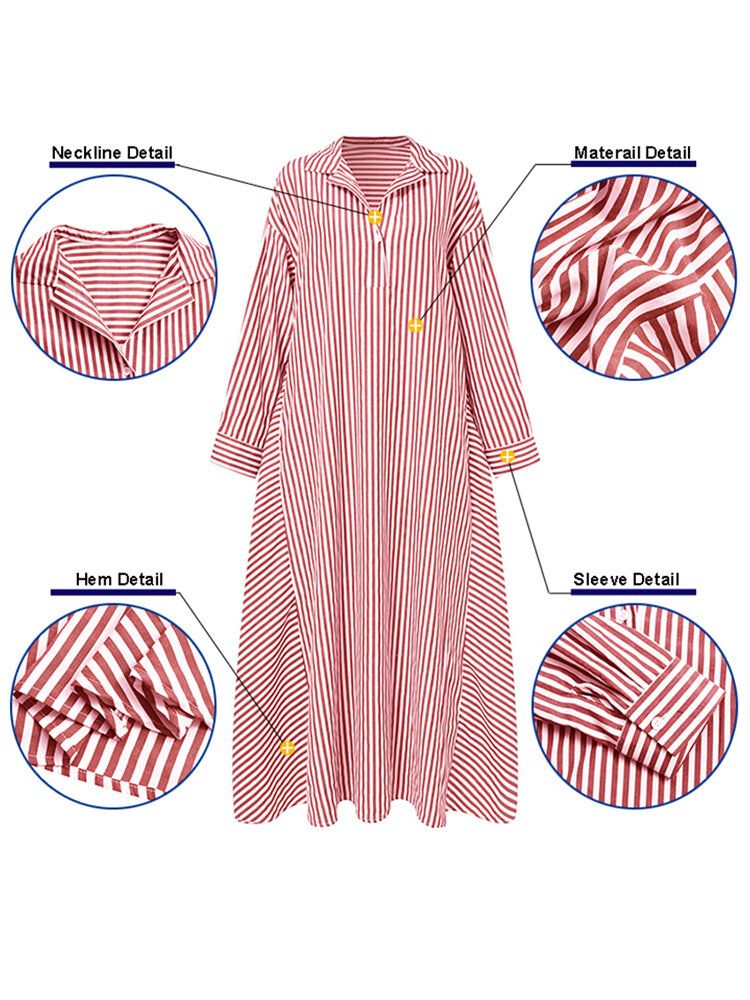 Kobiety W Paski Patchwork Revere Collar Z Długim Rękawem Casual Shirt Maxi Dress