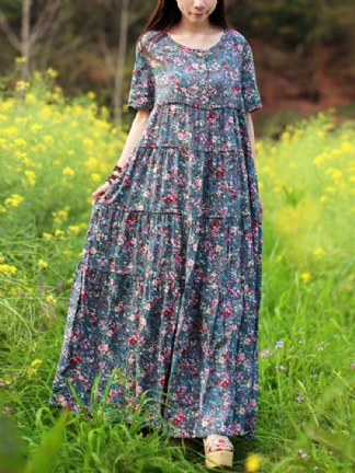 Kobiety W Stylu Vintage Ditsy Floral Print Pół Guzika Sukienki Maxi Z Krótkim Rękawem