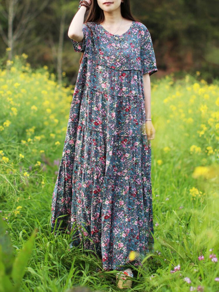 Kobiety W Stylu Vintage Ditsy Floral Print Pół Guzika Sukienki Maxi Z Krótkim Rękawem