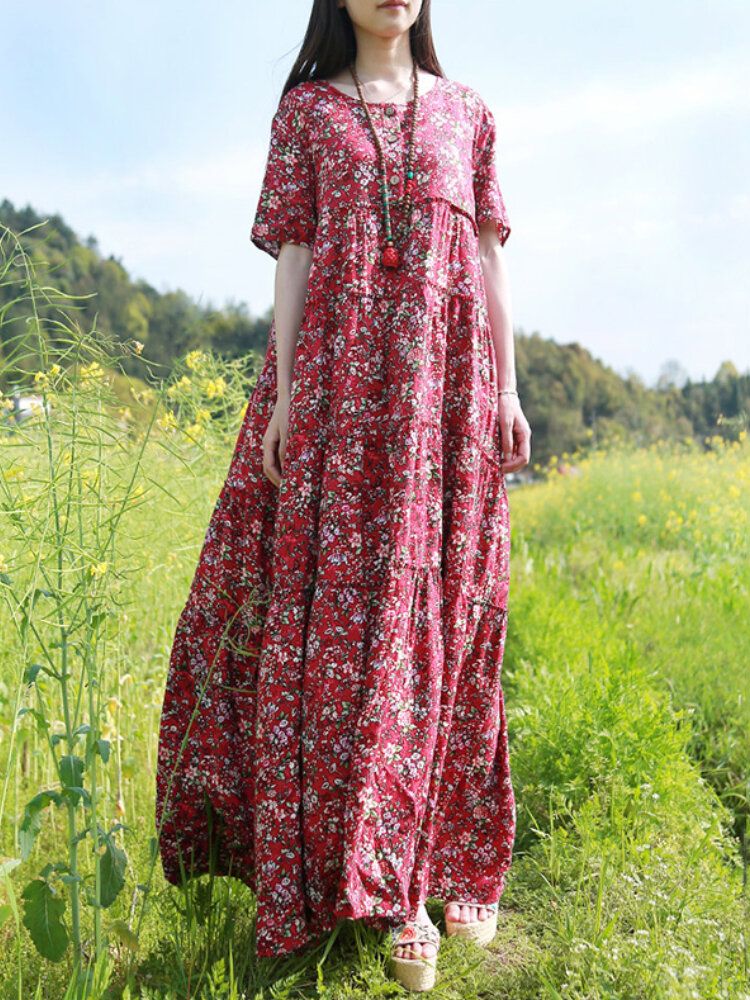 Kobiety W Stylu Vintage Ditsy Floral Print Pół Guzika Sukienki Maxi Z Krótkim Rękawem