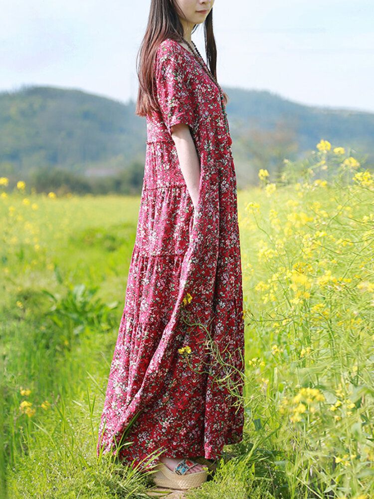 Kobiety W Stylu Vintage Ditsy Floral Print Pół Guzika Sukienki Maxi Z Krótkim Rękawem