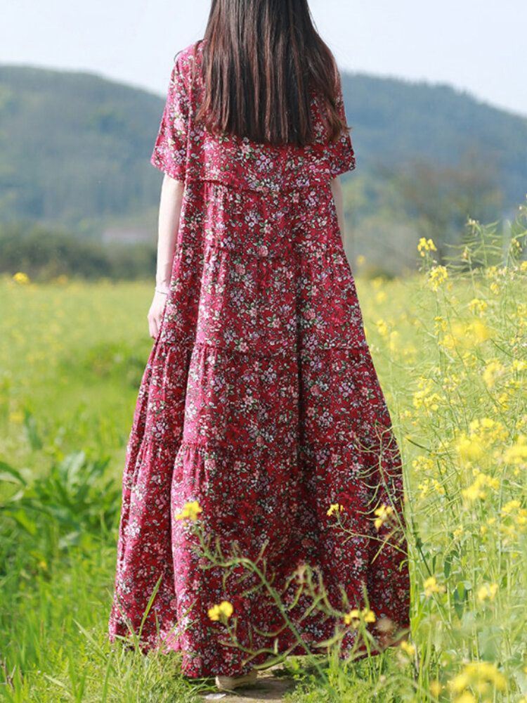 Kobiety W Stylu Vintage Ditsy Floral Print Pół Guzika Sukienki Maxi Z Krótkim Rękawem