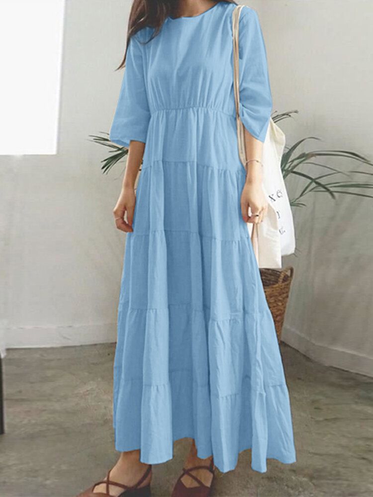 Kobiety Zwykły O-neck Przeszycia Warstwowa Elastyczna Talia 3/4 Rękawa Maxi Dress