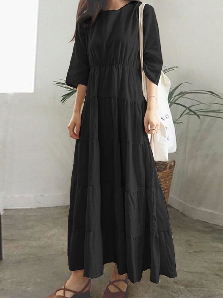 Kobiety Zwykły O-neck Przeszycia Warstwowa Elastyczna Talia 3/4 Rękawa Maxi Dress