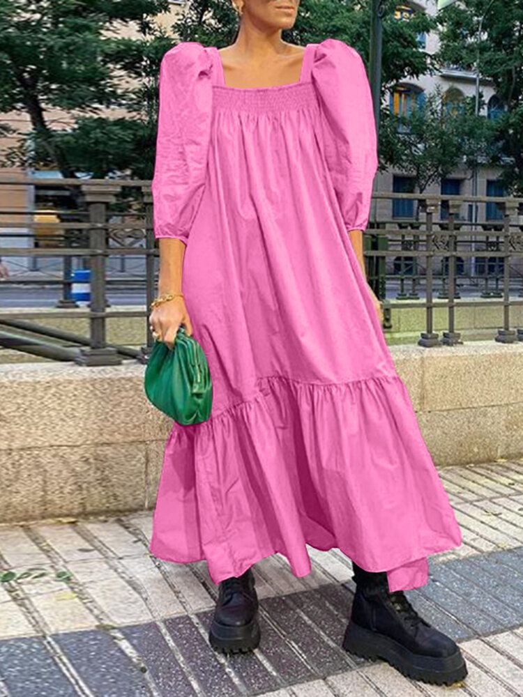 Kwadratowy Dekolt Jednolity Kolor Bufiasty Rękaw Ruffles Hem Casual Maxi Dress Dla Kobiet