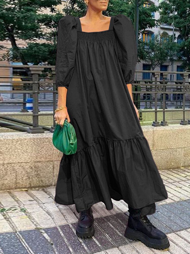 Kwadratowy Dekolt Jednolity Kolor Bufiasty Rękaw Ruffles Hem Casual Maxi Dress Dla Kobiet