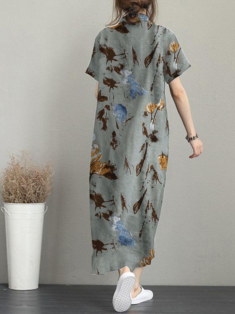 Kwiatowa Sukienka Z Kieszeniami Na Guziki Z Krótkim Rękawem Casual Maxi Dress