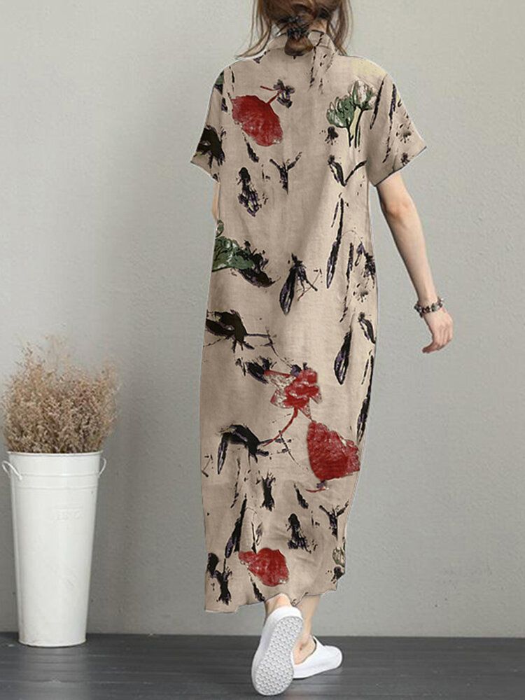 Kwiatowa Sukienka Z Kieszeniami Na Guziki Z Krótkim Rękawem Casual Maxi Dress